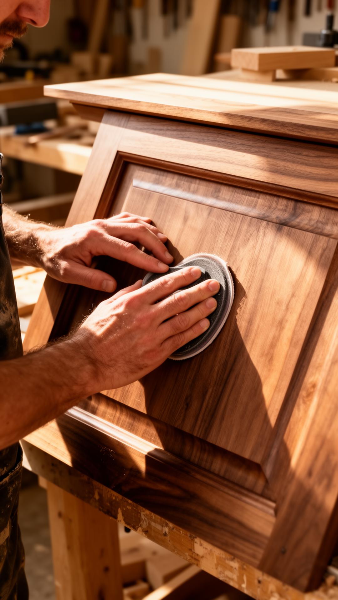 Master craftsman sanding a walnut cabinet door